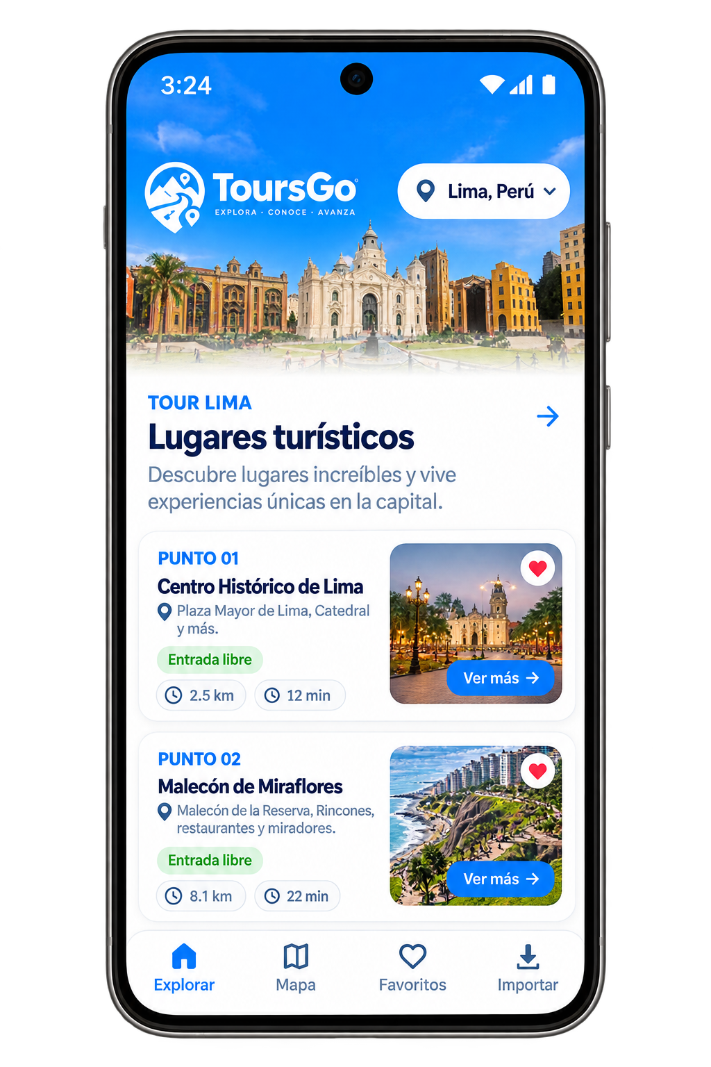 Pantalla de ToursGo mostrando lugares turísticos de Lima